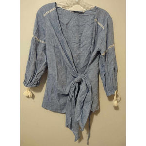 Zara Chambray Wrap Top Tassles Size Small